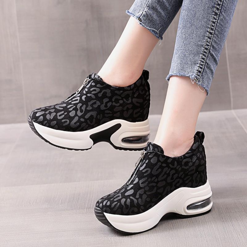 Women's Suede Platform Wedge Sneakers Hidden Heel Height Increasing Slip On Leopard Print Shoes