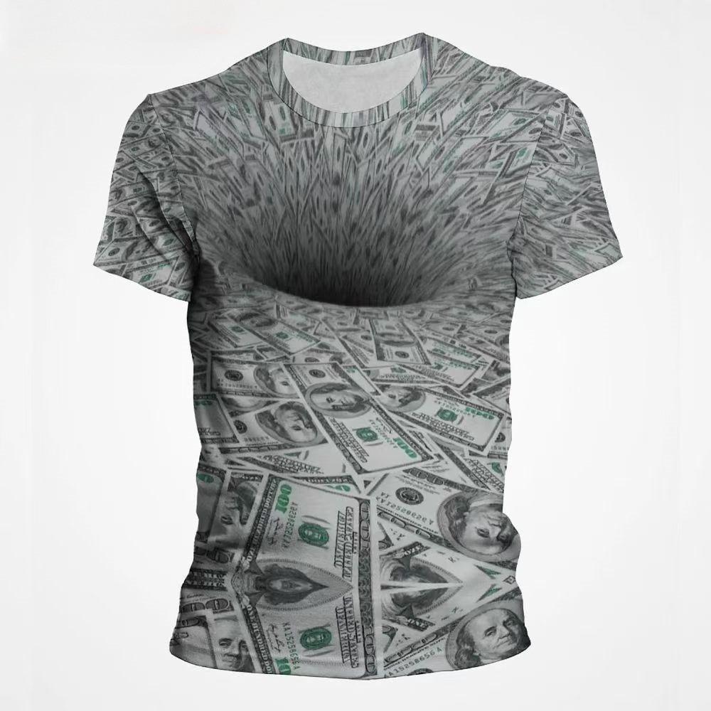 Summer Men's Round Neck Short Sleeved T-shirt Comfortable Fashionable Breathable Sweat Absorbing Money Pattern 3D Printed Loose Large T-shirt