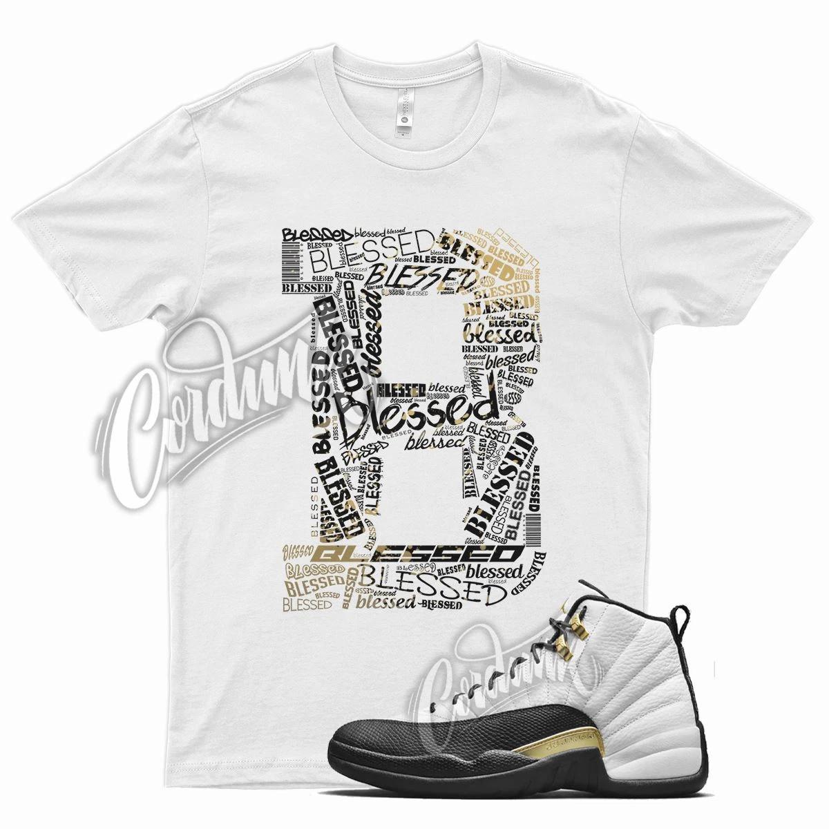 White BLESSED T Shirt for Air J1 12 Royalty Taxi Suede Black Gold Metallic M