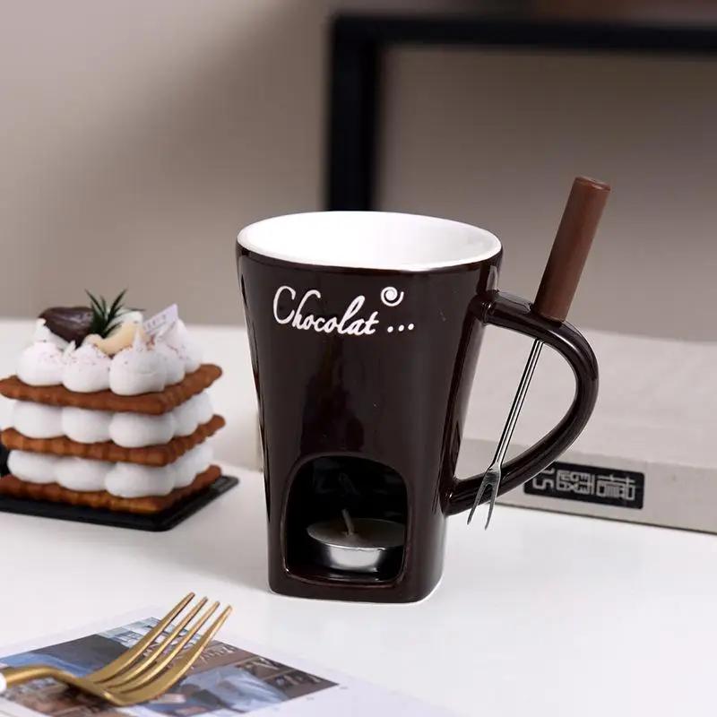 130ml Xícara para Fondue de Chocolate Xícara Europeia com Vela Caneca de Cerâmica Aquecimento de Comida Queijo Criativa Caneca de Café com Garfo Festa de Natal