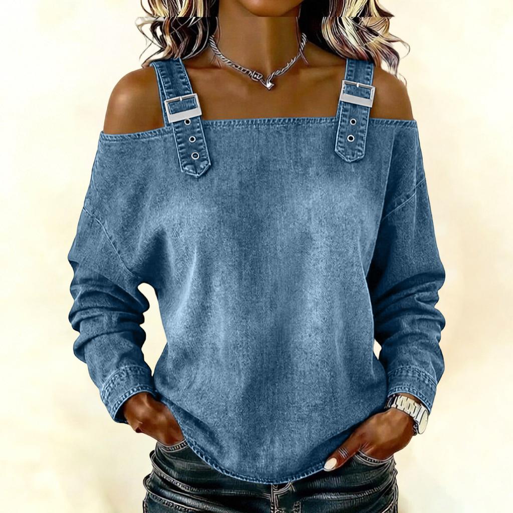Women's Elegant And Versatile Off-the-shoulder Long-sleeved Top With Shoulder Straps.