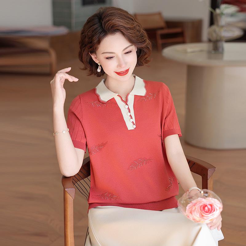 

Stylish Ice Silk Knit Top for Middle-Aged Women XL (for 100-110 jin) помаранчевий/червоний