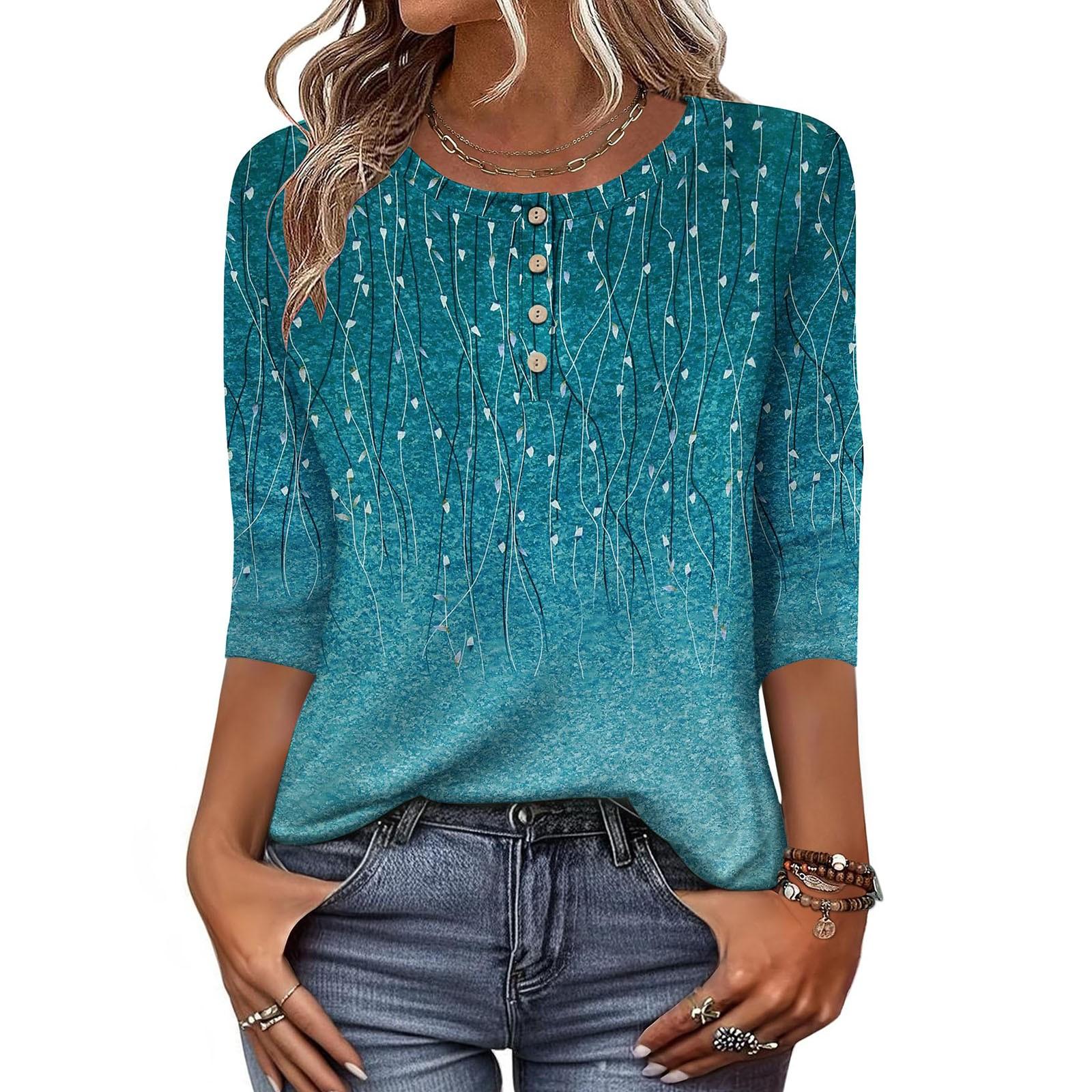 

Женские топы с рукавами 3/4 и цветочным принтом, рубашки с застежкой на пол-пуговицы, летняя блузка с круглым вырезом M циан