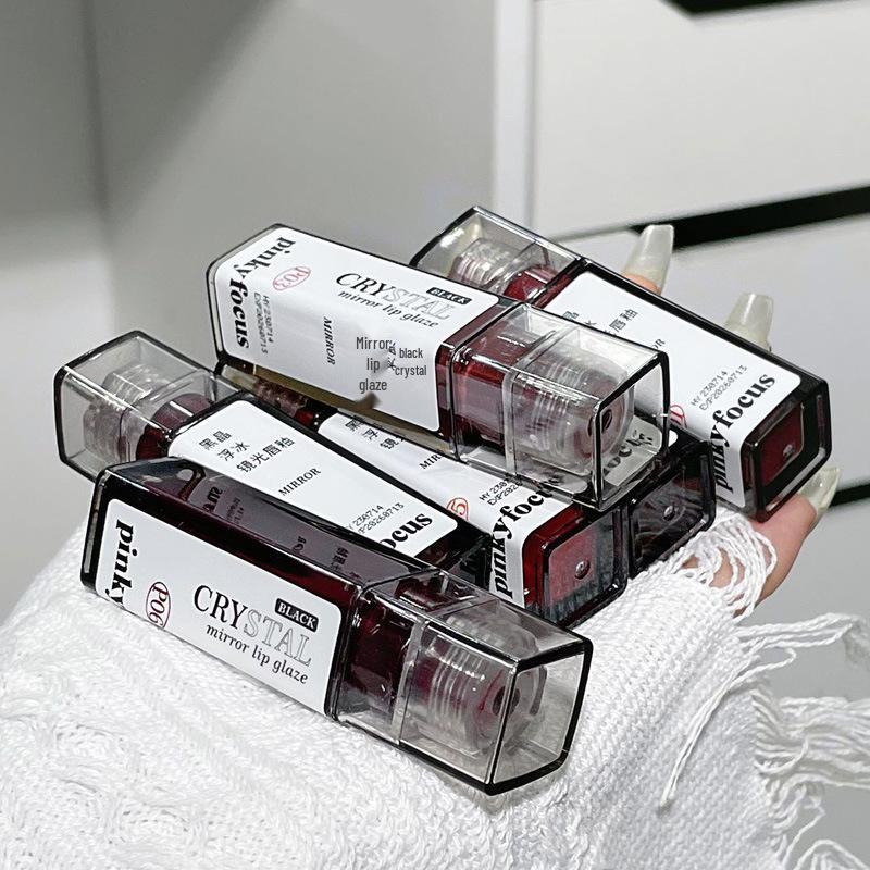 PinkyFocus Black Crystal Light Mirror Lip Gloss - Cool-Toned Nude Gray Pink Makeup for Students