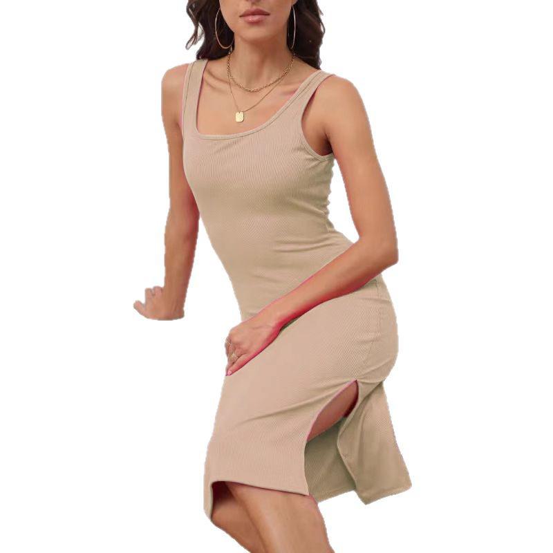 2025 Spring/Summer Elegant Sleeveless Ribbed Slim Fit Slit Dress with Square Neck
