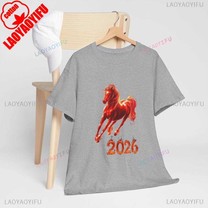 2026 Creative Fire Horse Chinese New Year Racing Gift for Vets  Equestrian of The Graphic Illustration Tops Tee Cotton Shirt