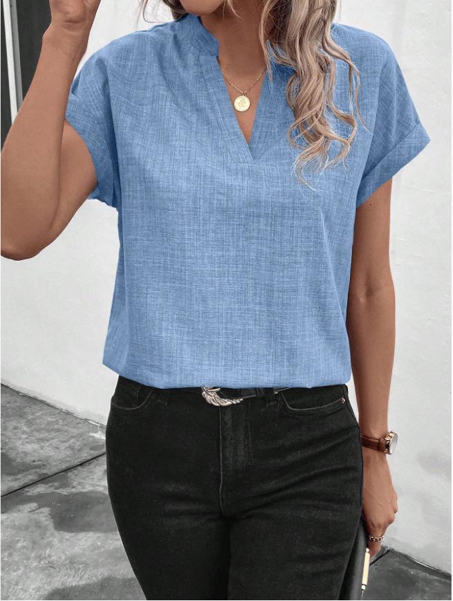 Women's Solid Color V-neck Batwing Sleeve Summer Top - Fashionable Short-sleeved Shirt