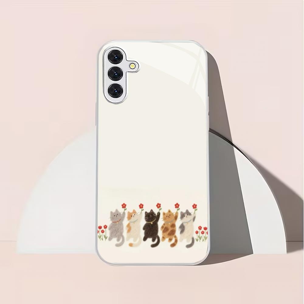 Cute Little Flower Cat Silver Plated Glass Phone Case Suitable for Samsung Galaxy S26 S25 S24 S22 S21 S20FE/Ultra/Plus Anti Fall