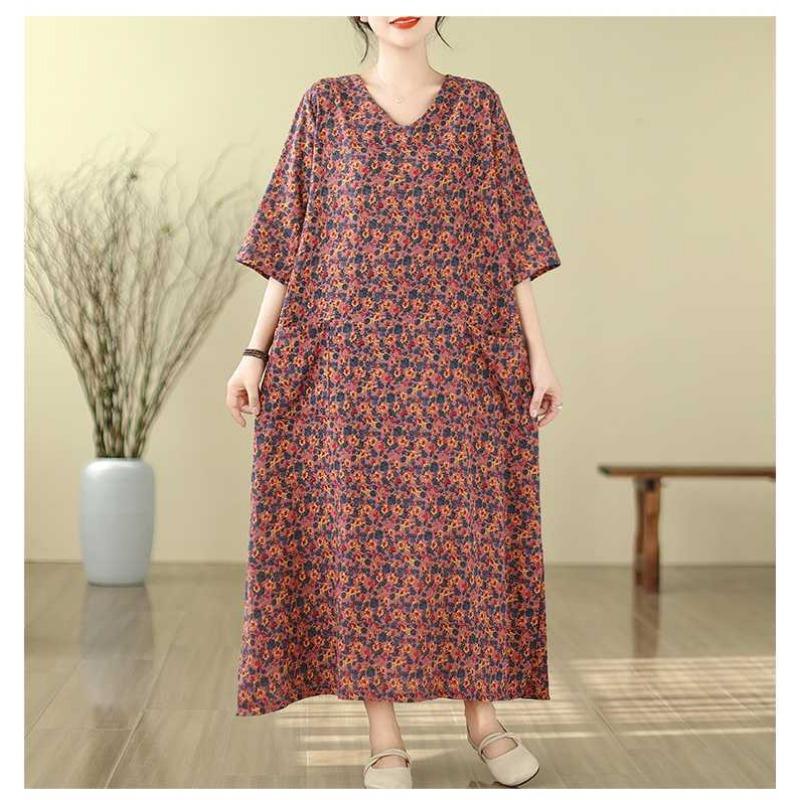 Literary Retro Vacation Style Travel Dress Plus Covering Flesh Skinny V-Neck Long Dresses