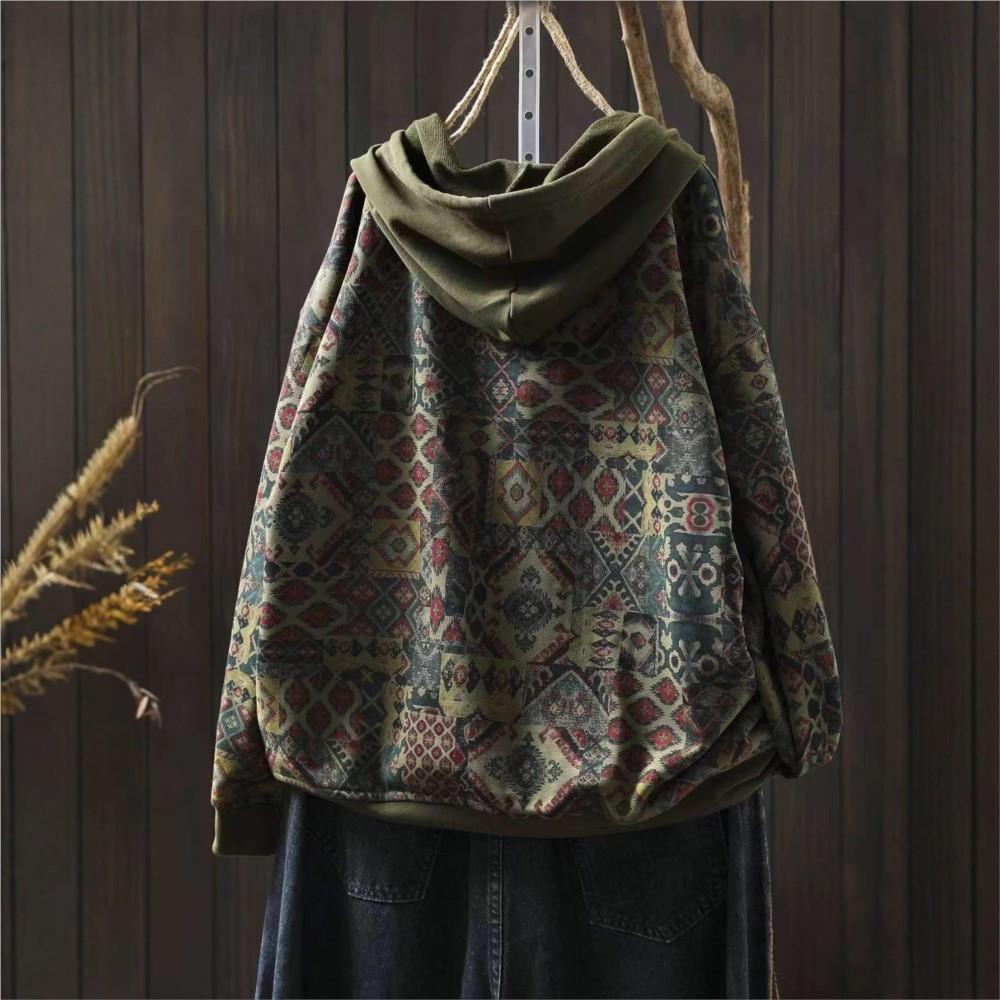 Johnature Women Vintage Hooded Pullover Sweaters Print Floral Patchwork Pockets Autumn Knitted Casual Female Sweaters