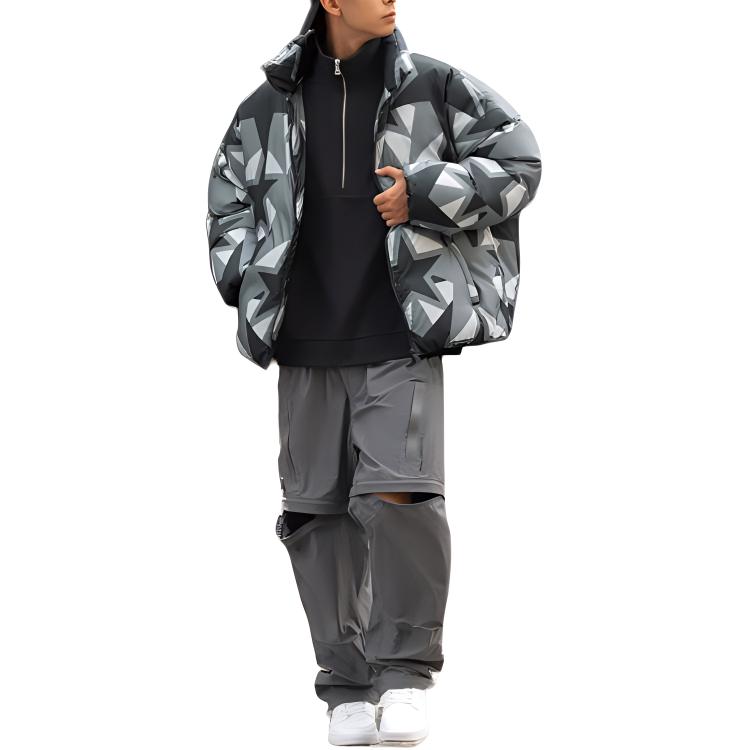 Li Ning Full Print Zipper Stand Collar Long Sleeve Down Jacket Men Outerwear Black AYMT371-1