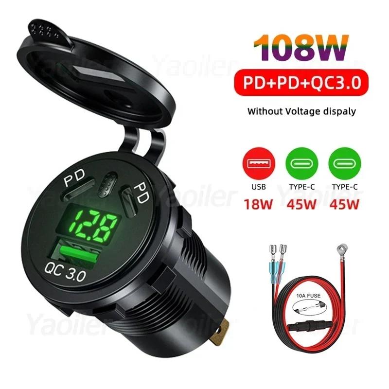 Kewig 108W USB Car Charger Socket Dual PD Type C QC 3.0 with Voltmeter Power Switch Fast Charging for 12-24V Car Boat Motorcycle