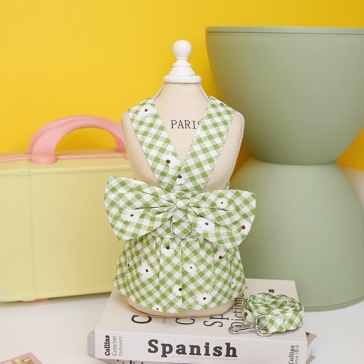 

Весенняя и летняя юбка для собак, одежда для домашних животных, одежда Тедди Ченери, юбка в клетку с ромашками на груди и спине, поводок для собаки S зелёный