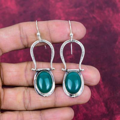 Boucles d'oreilles en Pierre Gemme Onyx Vert Cabochon, Bijoux en Argent Sterling Massif 925, Belles Boucles d'oreilles Fait Main Pour Cadeau de Mariage
