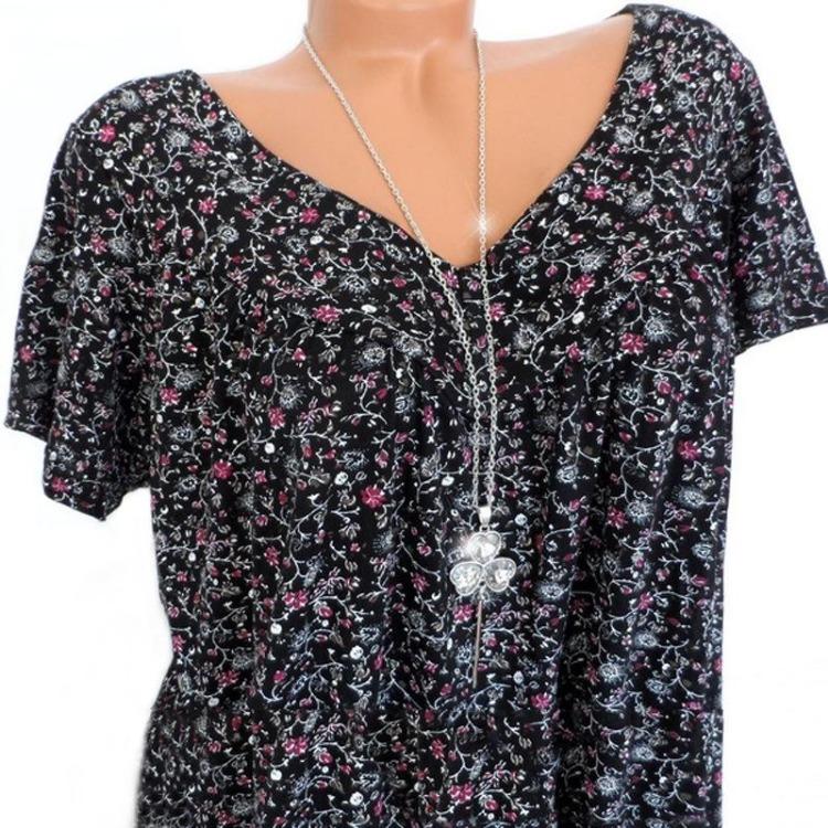 Plus Size Women Summer Casual Loose V Neck Printed Short Sleeve T Shirt Top
