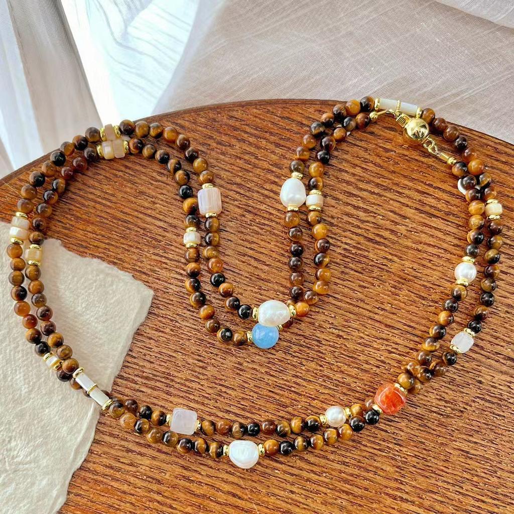 Vintage Maillard Antique Natural Tiger'S Eye Shell White Crystal Chalcedony Sweater Chain Long Chain Necklace