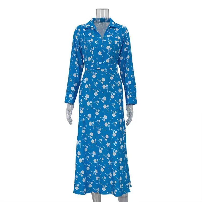 

Fashion Wind New Arrival Fashion Printing Lapel Long Sleeves Dress Printed Long Sleeve Dress Blue L