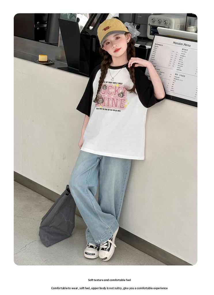 Girls' Short Sleeved Summer New Style Slimming Color Blocked Medium and Large Children's Stylish T-shirt Fashionable Pure Cotton Top