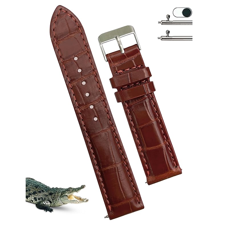 

[vinacreations] 22mm brown crocodile watch strap quick release spring bar crocodile replacement watch band wrist with silver buckle handmade men s