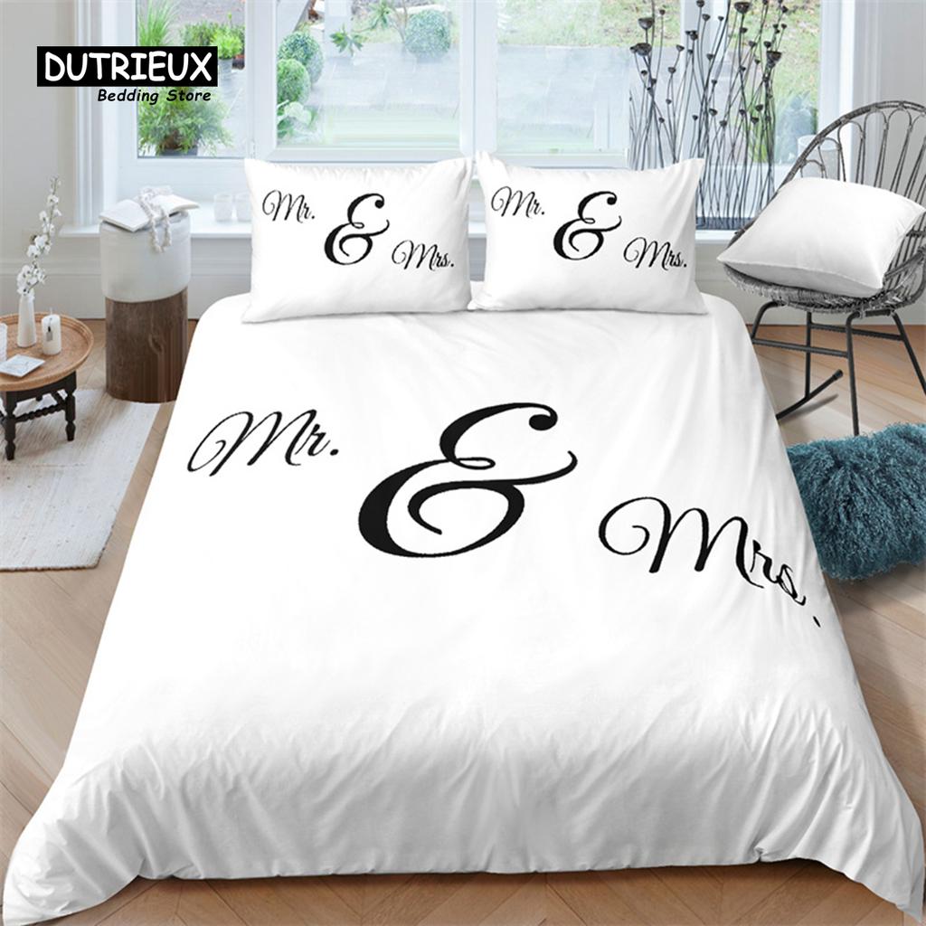 Mrs Mr Duvet Cover Romance Comforter Cover Microfiber White Bedding Set For Boys Girls Teens Adults Wedding Valentine Day Decor