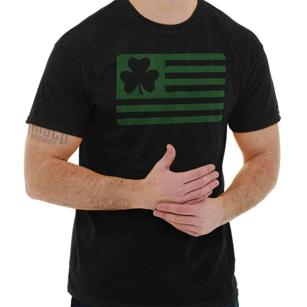 Irish American Flag Shamrock St Pattys Day Womens or Mens Crewneck 100% Cotton T-shirt Mens Tees Top Tee