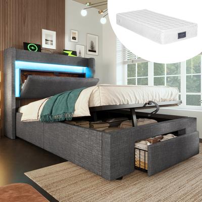 Upholstered Bed 90x200 Cm with Hydraulic Storage, Headboard, LED Lighting and USB & USB-C Port, Wood Slat Frame, Grey, Linen, With Mattress