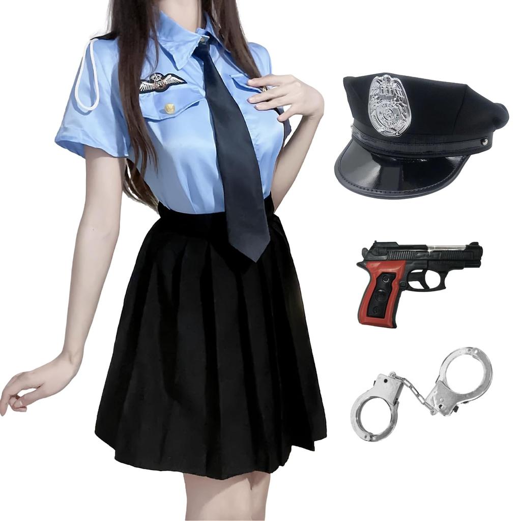 TUISKU Police Cosplay Uniform Set for Set Includes and Perfect for Adults and Women Halloween, 6-Piece Top, Skirt, Tie, Hat, Handcuffs, Pistol,