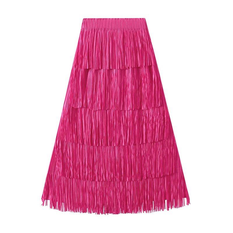 

2024 Summer Women s Elegant Slimming Patchwork Tassel Skirt One Size рожевий червоний колір