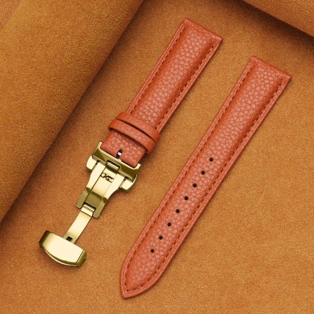 12/14/16/18/19/20/22mm Kalvskinnsklockarmband Litchimönstrad Rem Äkta Läder Armbandsurrem Fjärilsspänne Klocktillbehör