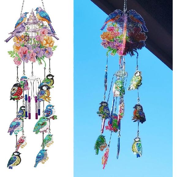 Generic DIY Dotted Diamond Art Painting Wind Chime Kit, Three-Dimensional Sun Catchers Diamonds Dot Paintings Hanging Ornaments, for Spring Garden