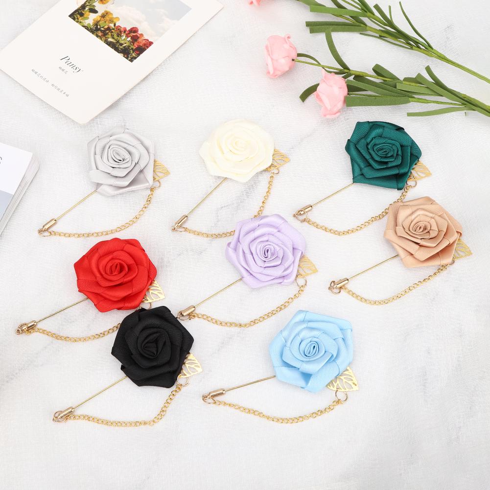 8PCS Simple Beautiful Ribbon Metal Golden Leaf Chain Bridal Rose Flower Brooch Pin Decoration