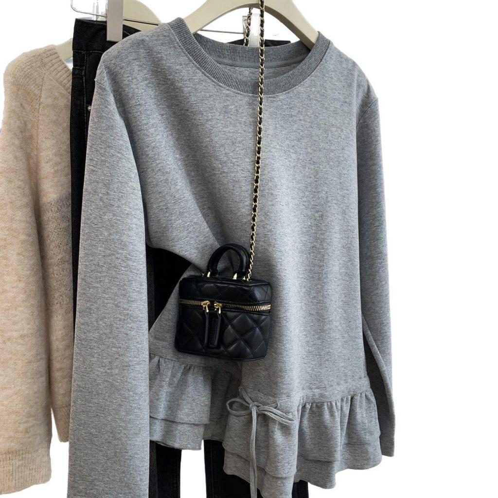 Korean Minimalist Drawstring Waist Ruffle Long-Sleeve Women's T-Shirt - 2025 Spring/Autumn Solid Color Versatile Top