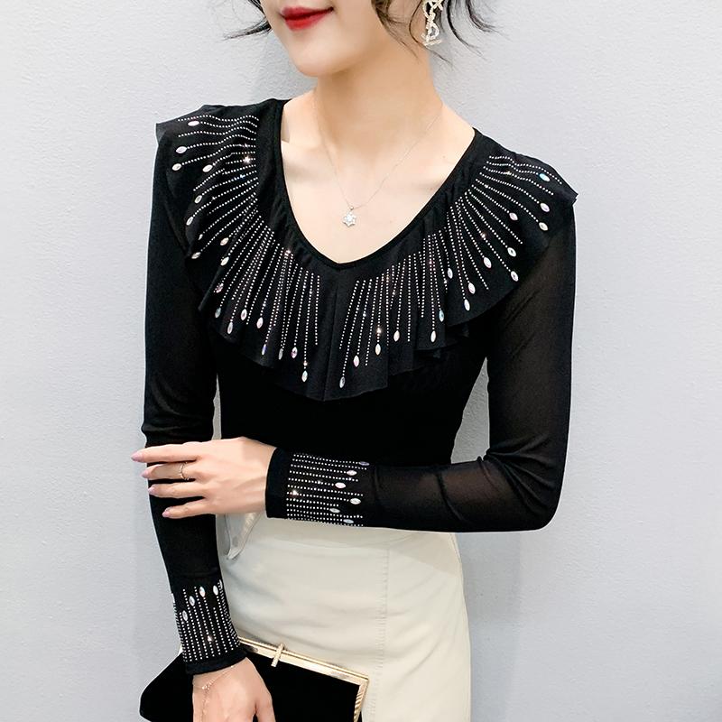 Spring Autumn Women's Ruffles Hotfix Rhinestone T-Shirt Elegant Full Sleeve Tees Slim Ladies Tops