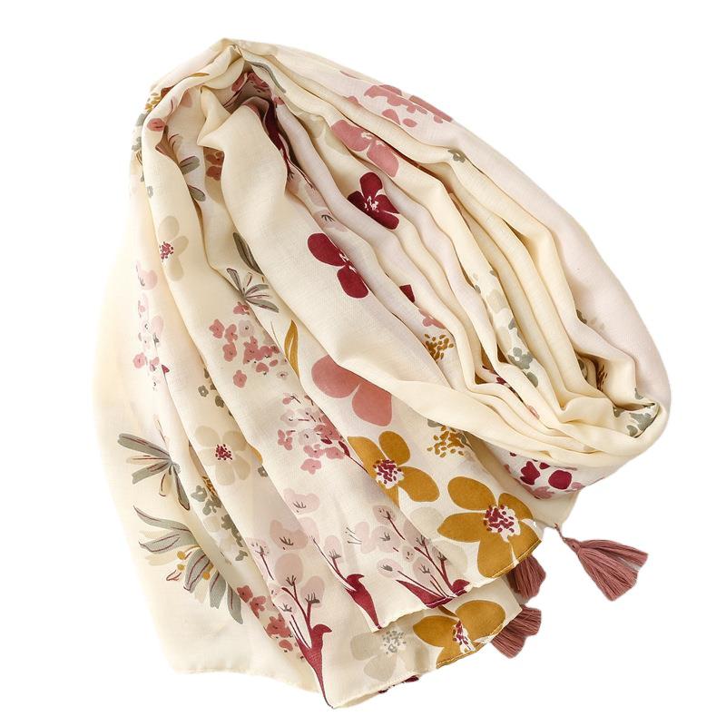 Elegant Beige Floral Tassel Shawl - Cotton Linen Feel Satin Scarf