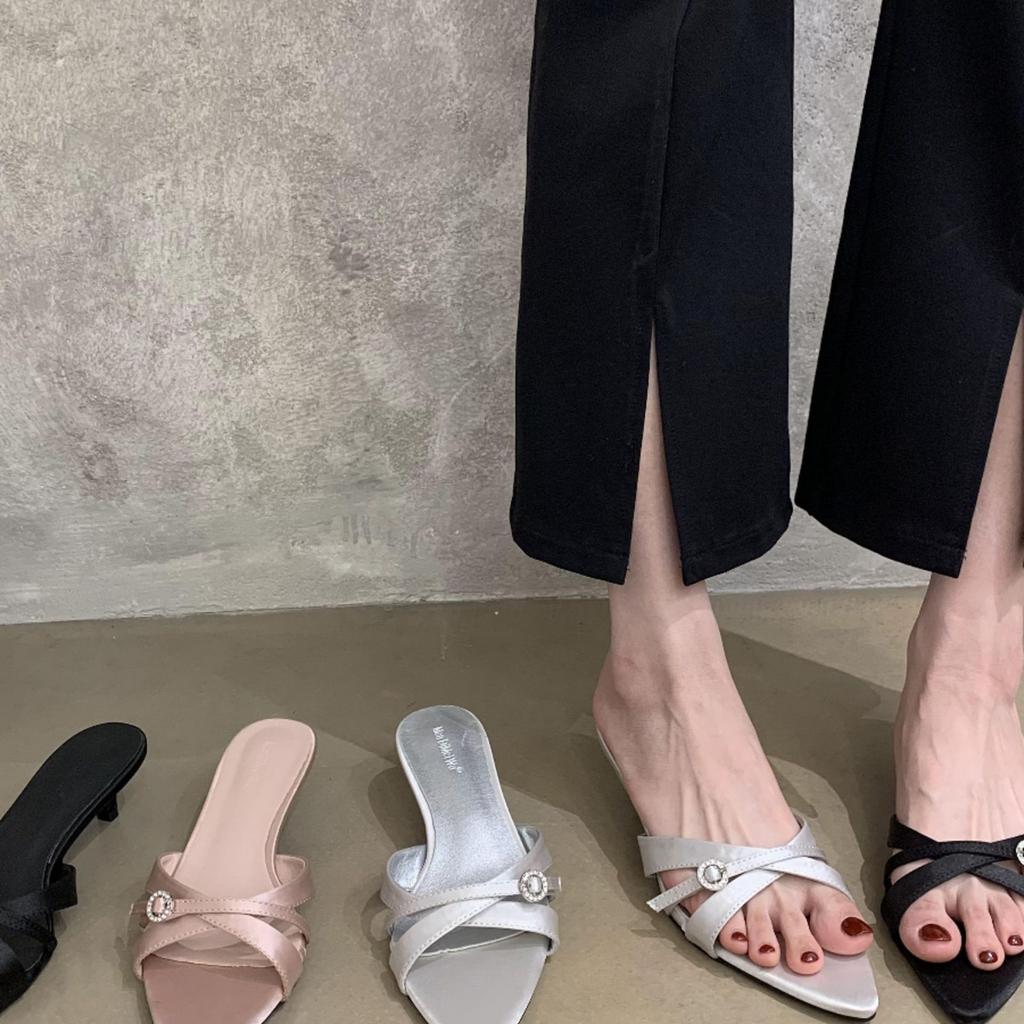 I like it very much~ pointed silver high-heeled sandals, thin heels, love rhinestone thin straps, 2025 summer new slippers for women's outer wear