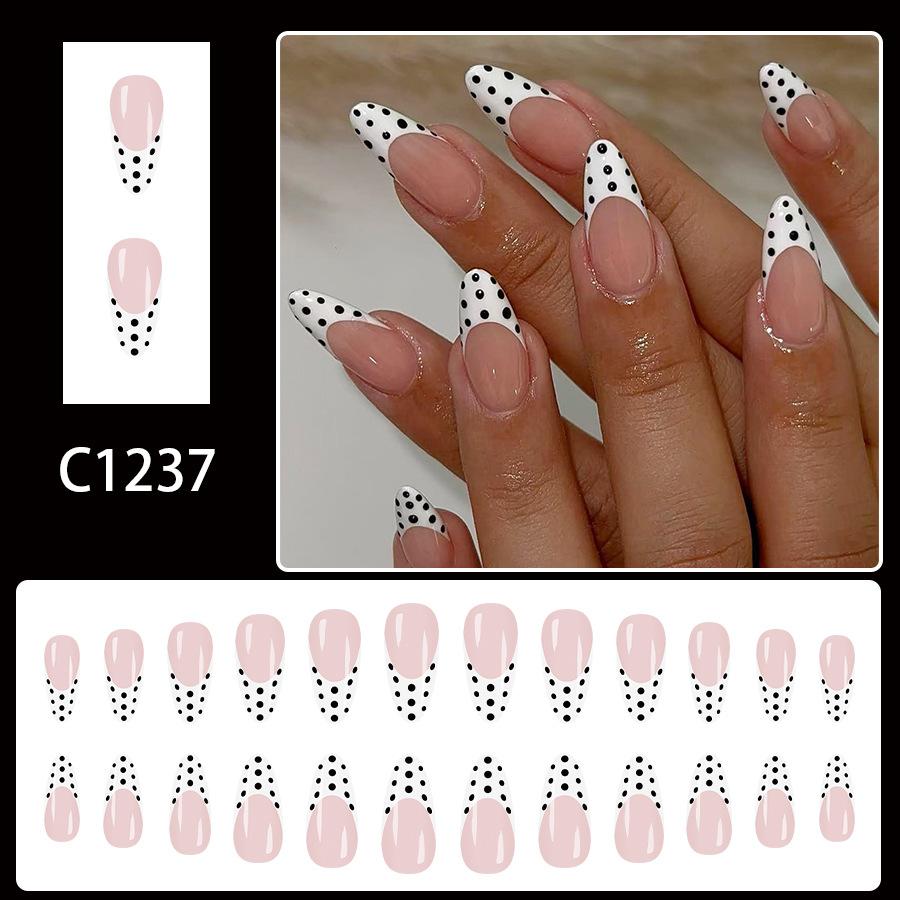 

24PCS Sweet French Medium Almond Press On Nails White Black Dot Glossy Fall Winter Trendy Women Fake Nails красный