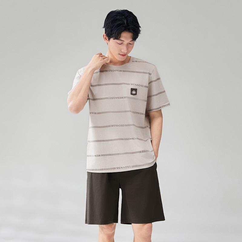 Fenteng [100% cotton] thin round neck short sleeved men's pajamas casual striped home clothes men's shorts set
