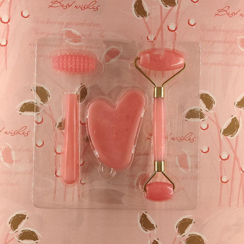 3-Piece Set: Imitation Jade & Rose Quartz Gua Sha Boards with Spiky Roller Facial Massager