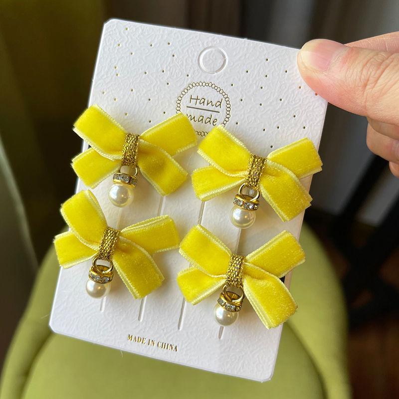 4PCS Lovely Velvet Bow Beads Baby Hairpins Kids Hair Clips Children Headwear Princess Barrette Girls Hair Accessories