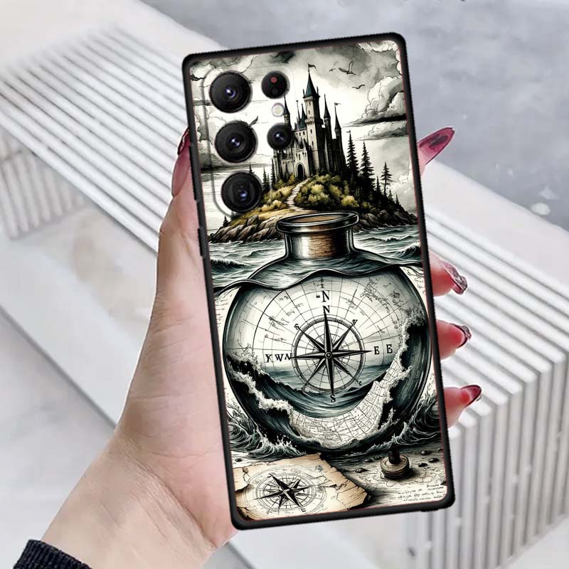 Vintage compass illustration For Samsung Galaxy S26 S25 S24 S23 S22 S21 S20 Ultra Plus FE 5G Black Soft TPU Phone Case