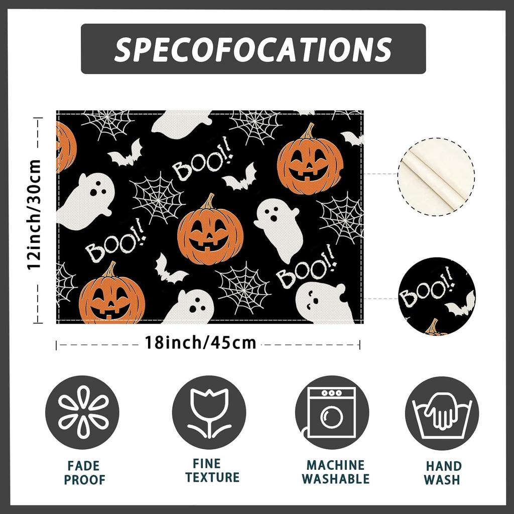 Boo Spooky Ghost Pumpkin Halloween Cloth Placemats Set of 6 Table Mats Table Decorations 12x18 Inch