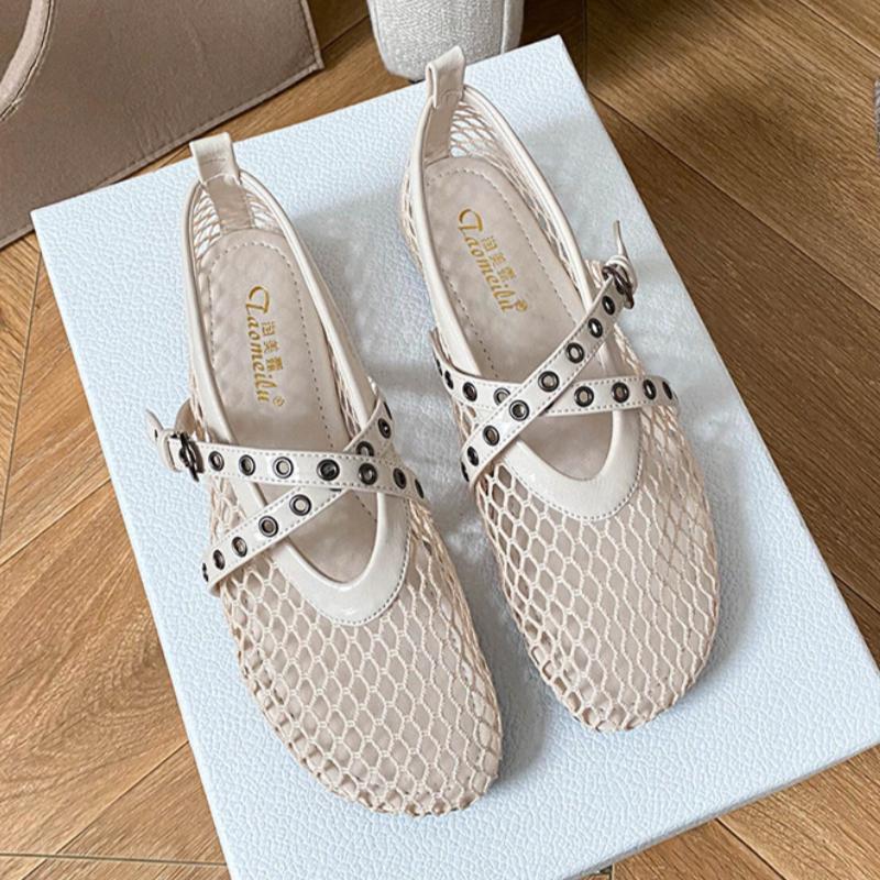 

Fashion New Fashion Solid Color Net Fabric Flat Sandals 2025 Summer Round Toe Hollow Low Heels Comfortable Women Sandals Casual Shoes 33