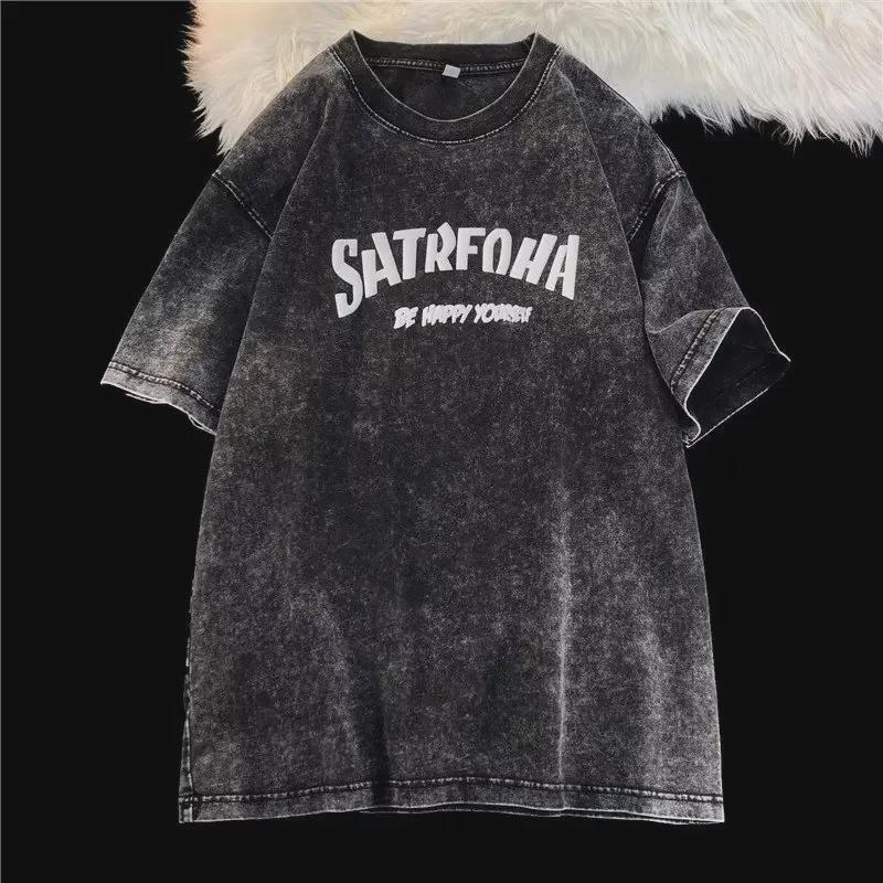 Herren-T-Shirt aus gewaschener amerikanischer Retro-Baumwolle mit kurzen Ärmeln und Rundhalsausschnitt