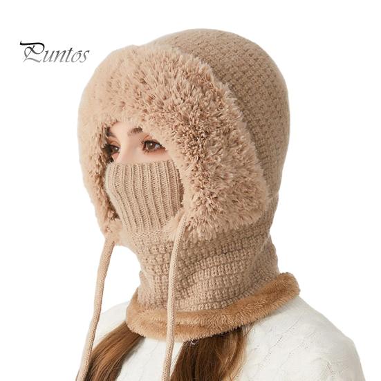 Women Winter Hat with Integrated Scarf Cold-proof Front Cover Thick Knitted Warm Solid Color Full Protection Outdoor Cycling Travel Cold Weather Cap