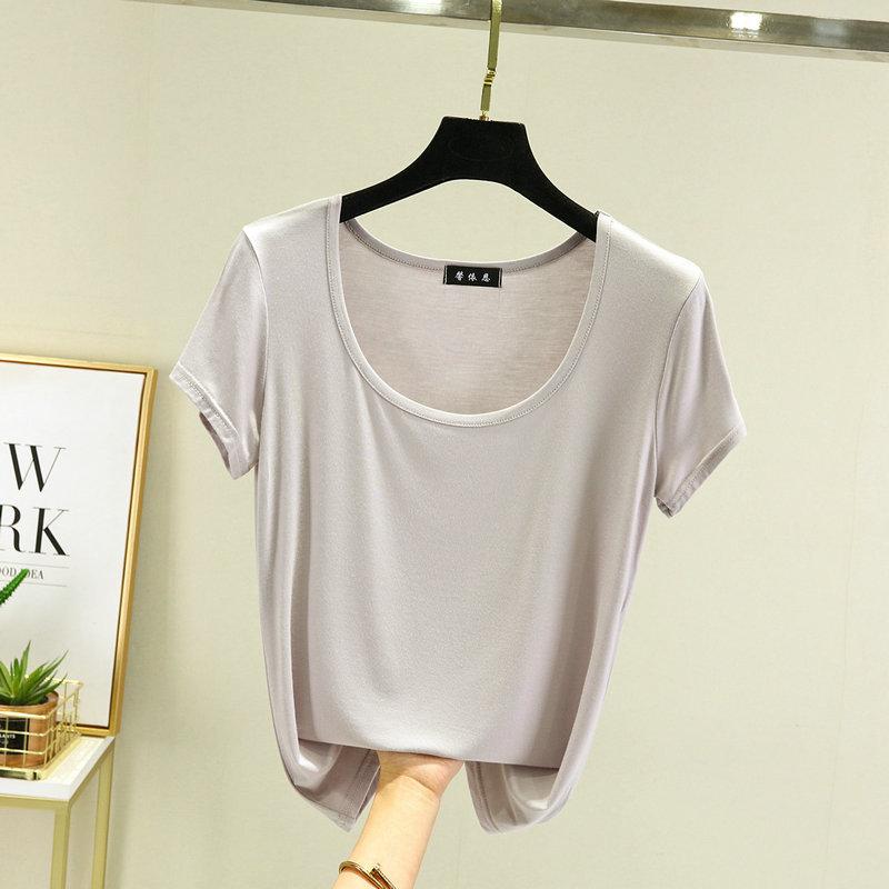 

Однотонная женская футболка с U-образным вырезом, футболка с коротким рукавом, повседневная, свободная, летняя, женская, футболки, топы, большие размеры 3XL серебряный