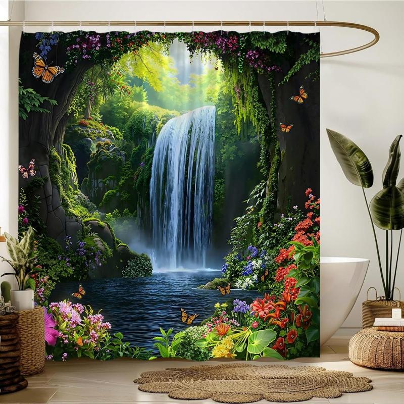 Forest Waterfall Shower Curtain Tropical Green Rainforest Tree Flower Butterfly Nature Scenery Landscape Bathroom Fabric Curtain (as the picture,W90xH180cm-35x70in)