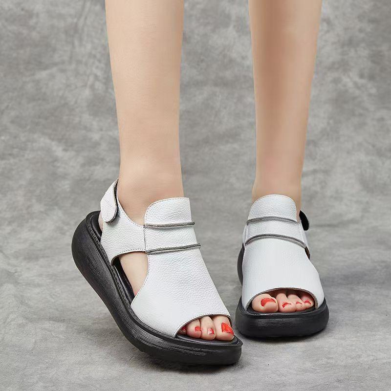 Women's Leather Thick Sole Peep Toe Sandals Summer New Lightweight Non Slip Breathable Wedges Slip On Sandals Beach Sandals