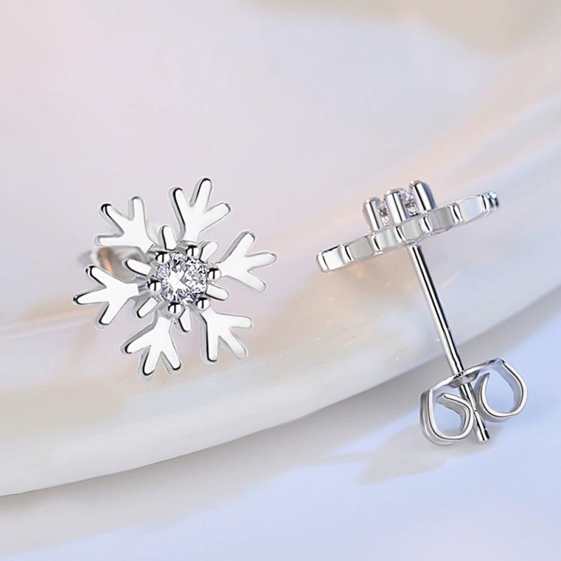 S925 Sterling Silver Snowflake Zircon Stud Earrings - Women's Christmas Korean Style Fashion