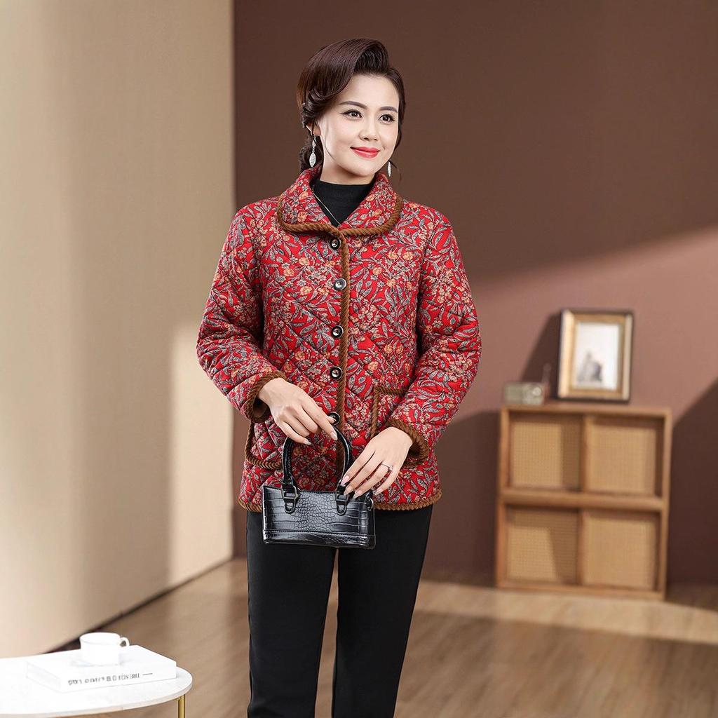Mom's Winter Plus Size Velvet Cotton Plaid Jacket for Middle-Aged & Elderly