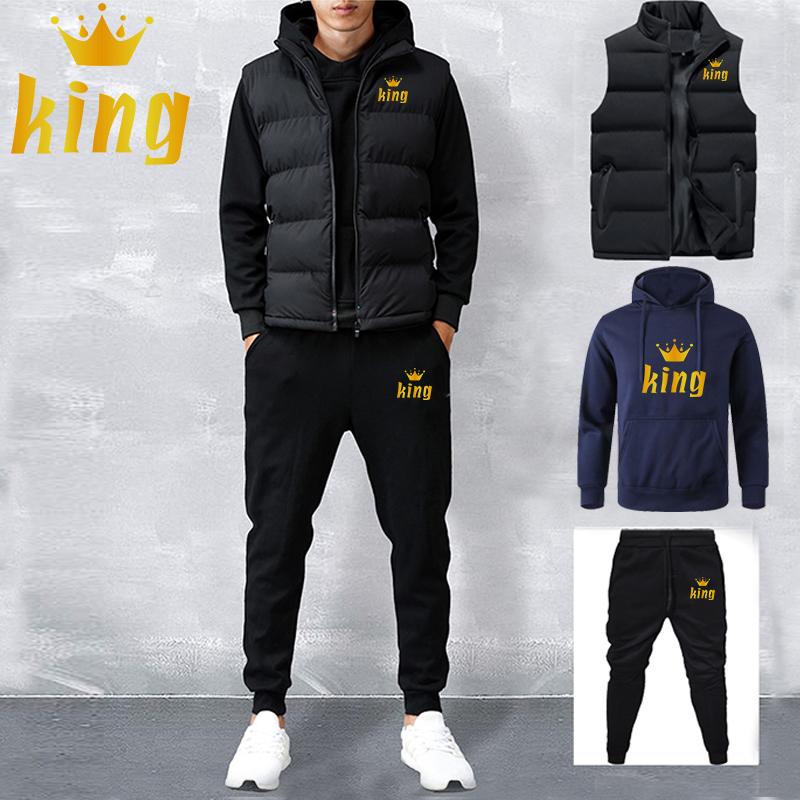 Men Women Spring and Autumn Solid Color Printed Hoodie 3 Piece Set Couple Hoodie + Vest + Pants Sportswear Set